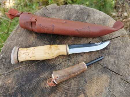 Turkniv med tennstål / gisttenner  9,2 cm blad - Fjellbjørk - rask levering med gravering.