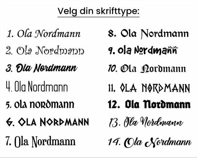 Oversikt over de forskjellige skrifttypene du kan velg her